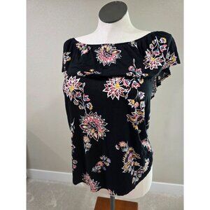 Old Navy Womens Off-Shoulder Floral Print Top Short Sleeve Black Multicolor Size